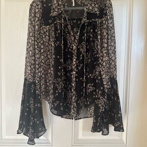 Free People Black and White Asymmetrical Bell Sleeve Top